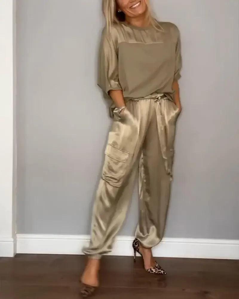 Smooth Street Set – Satin Shirt & Flowy Pants
