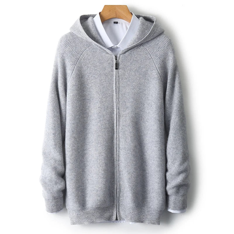 Thick Zippered Wool Knit Cardigan — Autumn Winter Casual Coat with Hood, 100% Wool