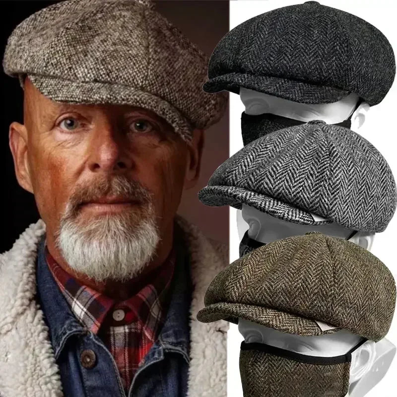 Vintage Tweed Flat Cap – Peaky Blinders Style Beret Hat for Men