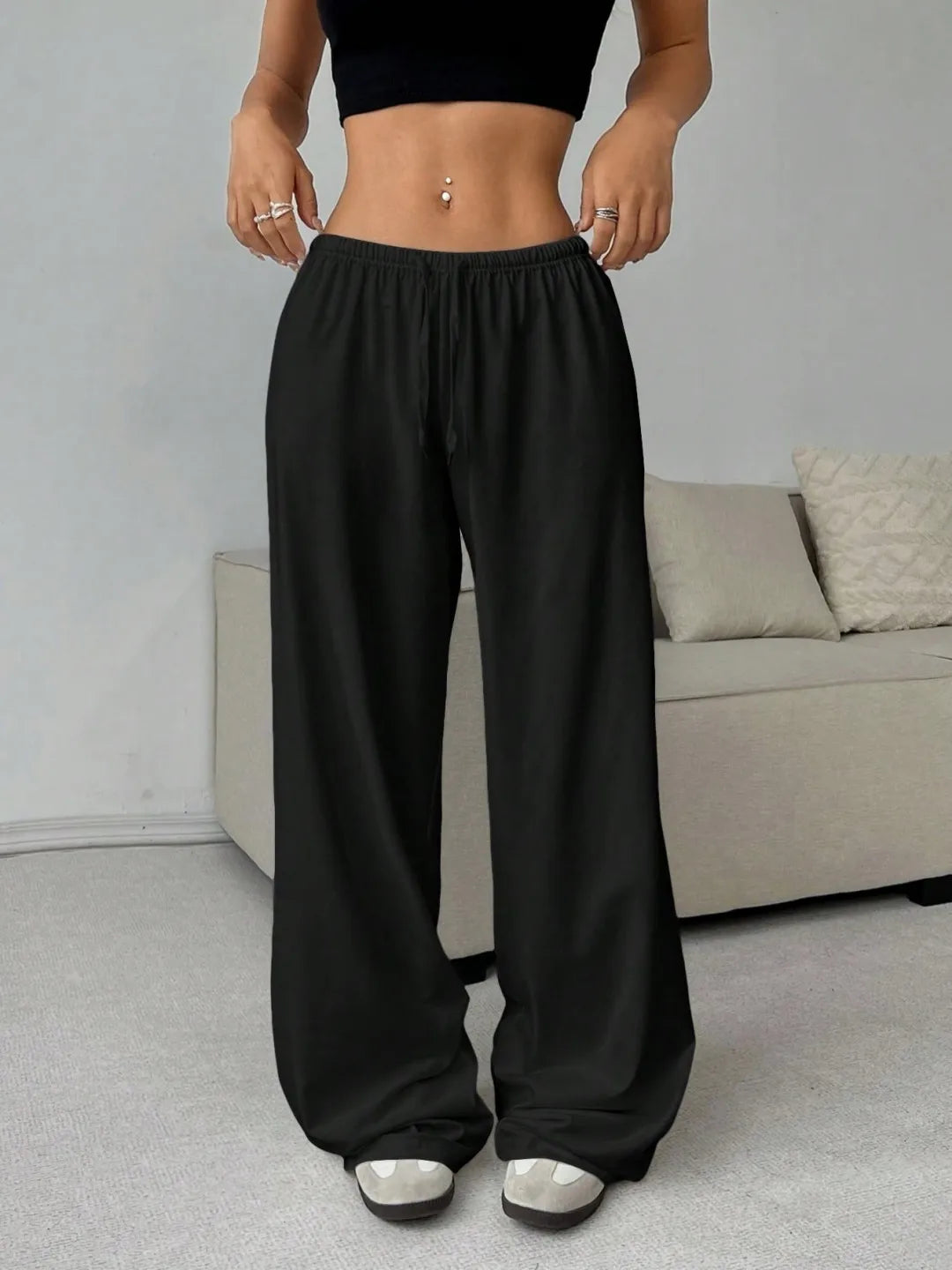 Black Wide-Leg Sweatpants — Baggy Drawstring Fit