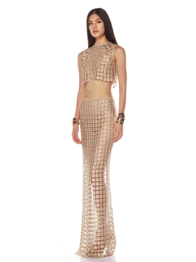 Champagne Hollow Crop Top & Skirt