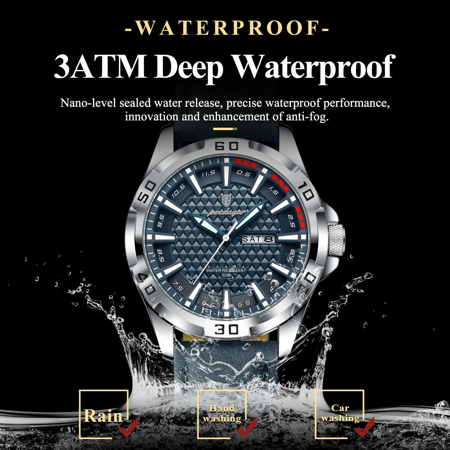 Luxury Quartz Watch – Waterproof, Luminous Dial, Date Display, Leather Strap