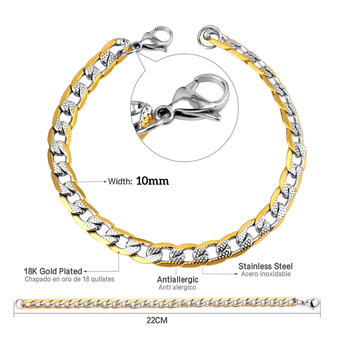 Cuban Chain Bracelet – Stainless Steel, Gold-Tone, Punk Style Jewelry for Men & Women