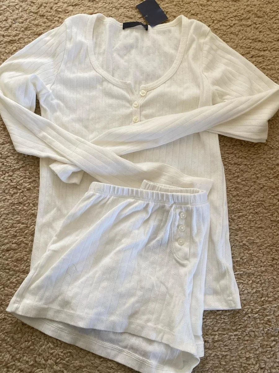 Eyelet Button Long Sleeve T-shirt & Shorts Set – Cotton Pajama