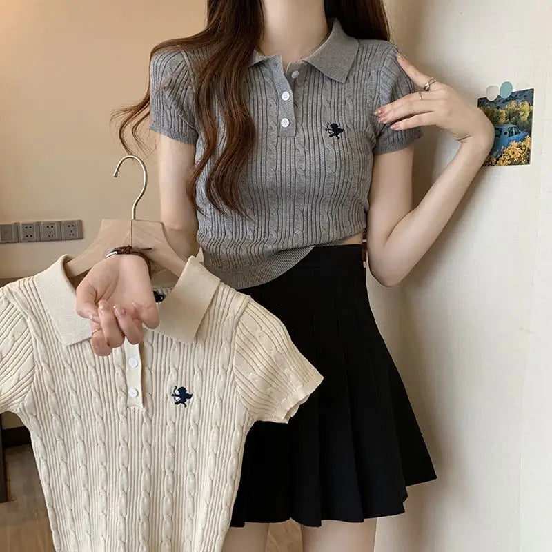 Embroidered Polo T-shirt — Retro Slim Fit Knit Top