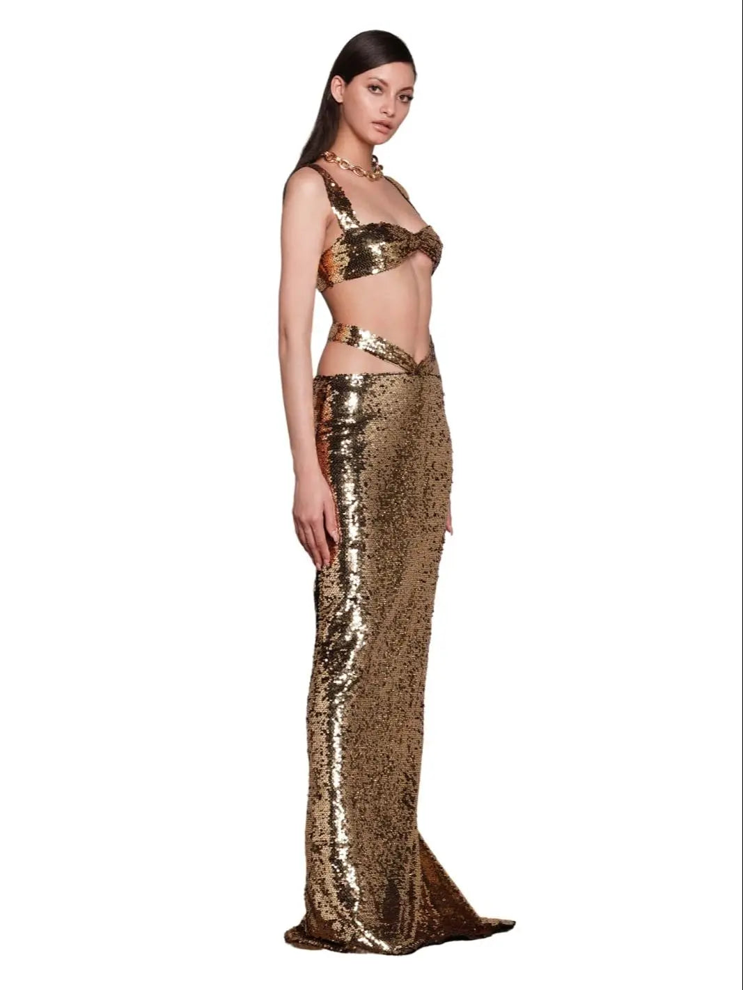 Brown Glitter Maxi Skirt Set