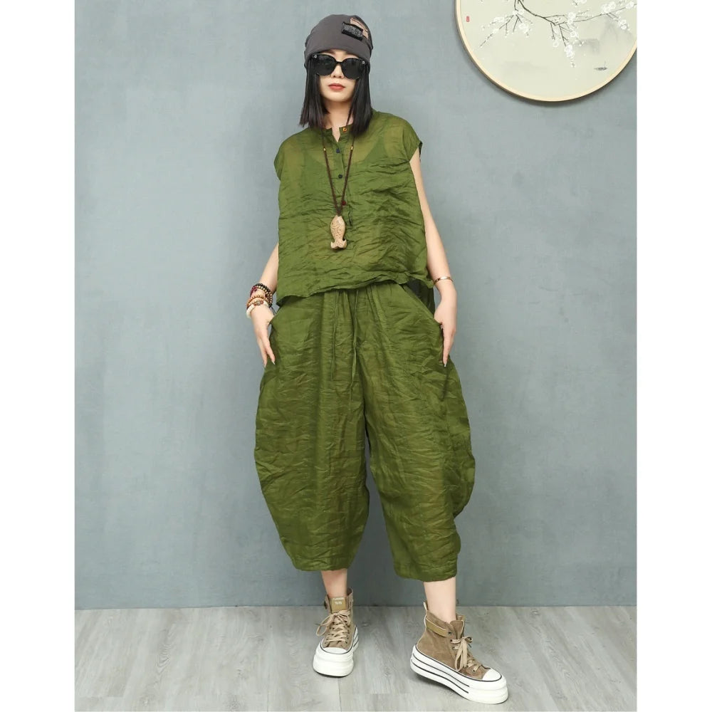 Ramie Asymmetric Top & Pumpkin Pants Set – Lightweight Loose Two Piece