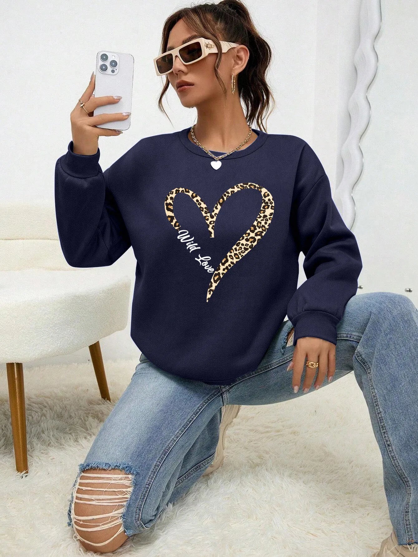 Leopard Heart Crewneck — Fur-Lined Sweatshirt, Urban Wild Print