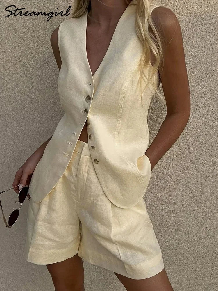Linen Vest & Shorts Set – Elegant Office Two Piece Outfit