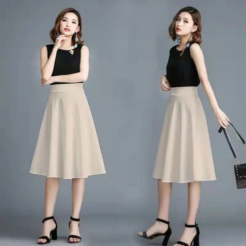 Solid Color Elastic A-Line Midi Skirt — Office Versatile
