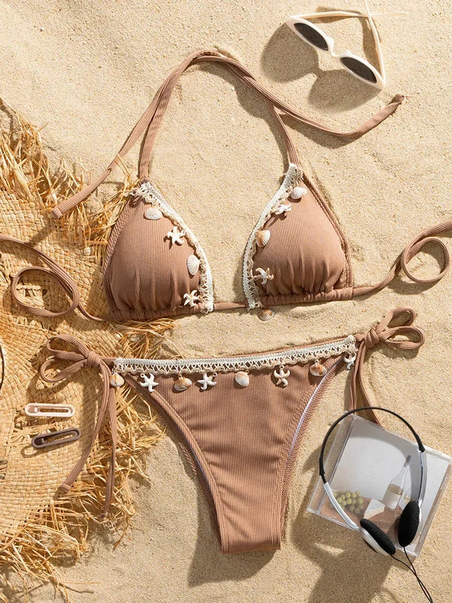 Halter Bikini with Shell Detail – Ribbed Texture