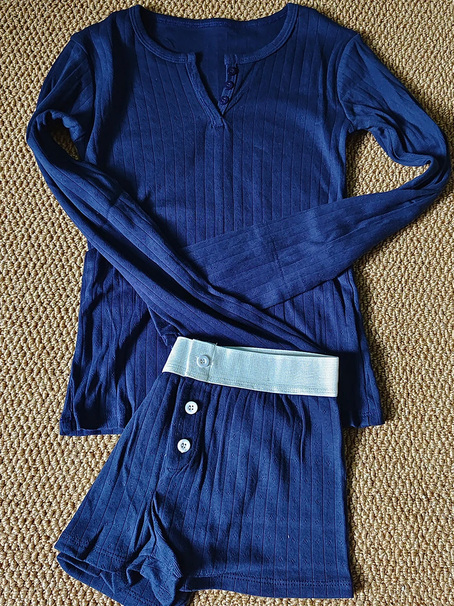 Eyelet Button Long Sleeve T-shirt & Shorts Set – Cotton Pajama