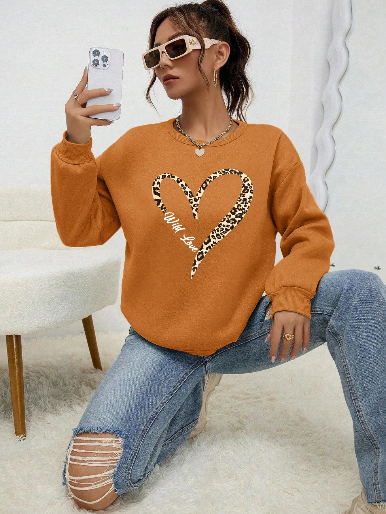Leopard Heart Crewneck — Fur-Lined Sweatshirt, Urban Wild Print