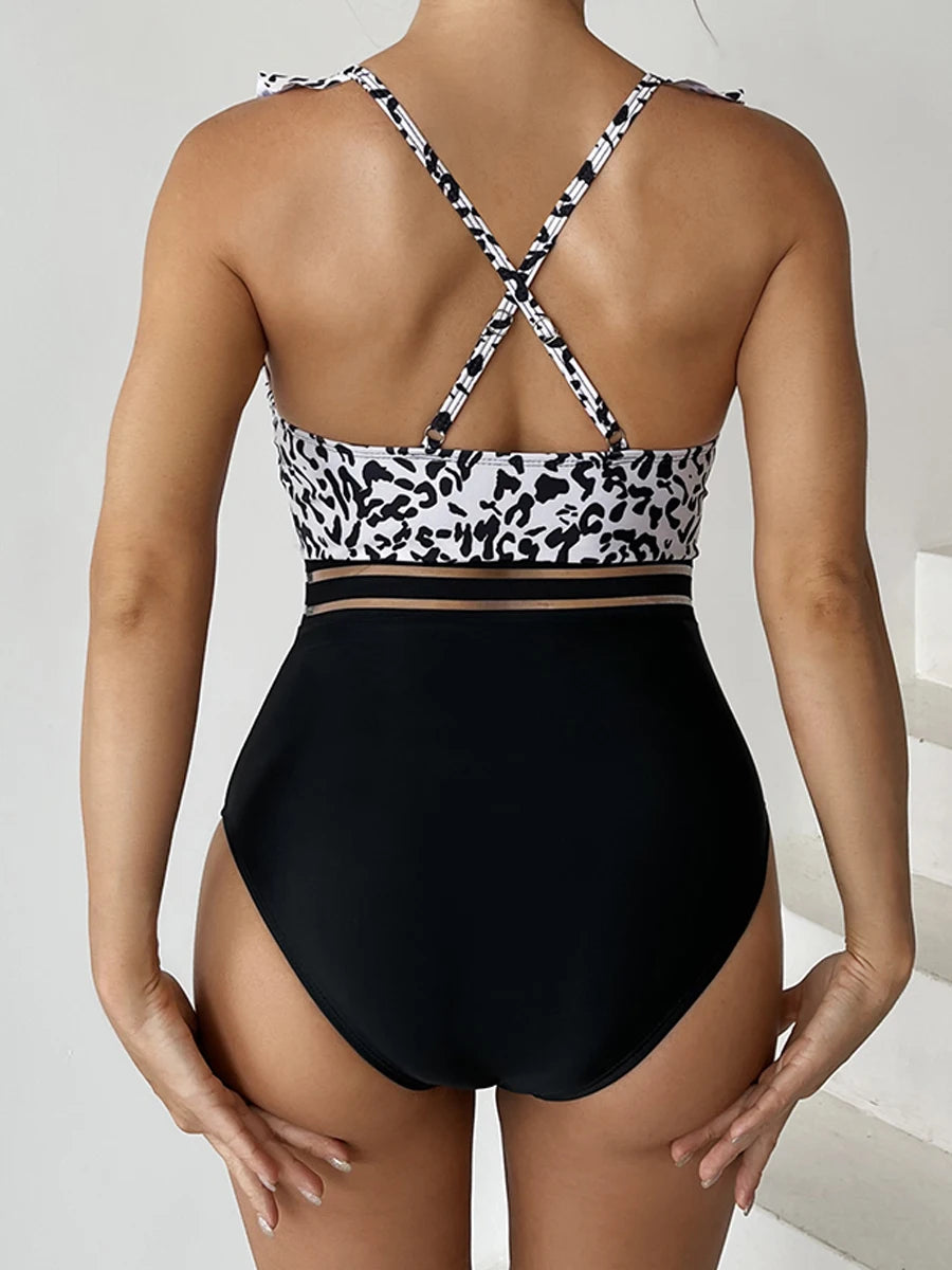 Leopard Ruffle V-Neck Swimsuit