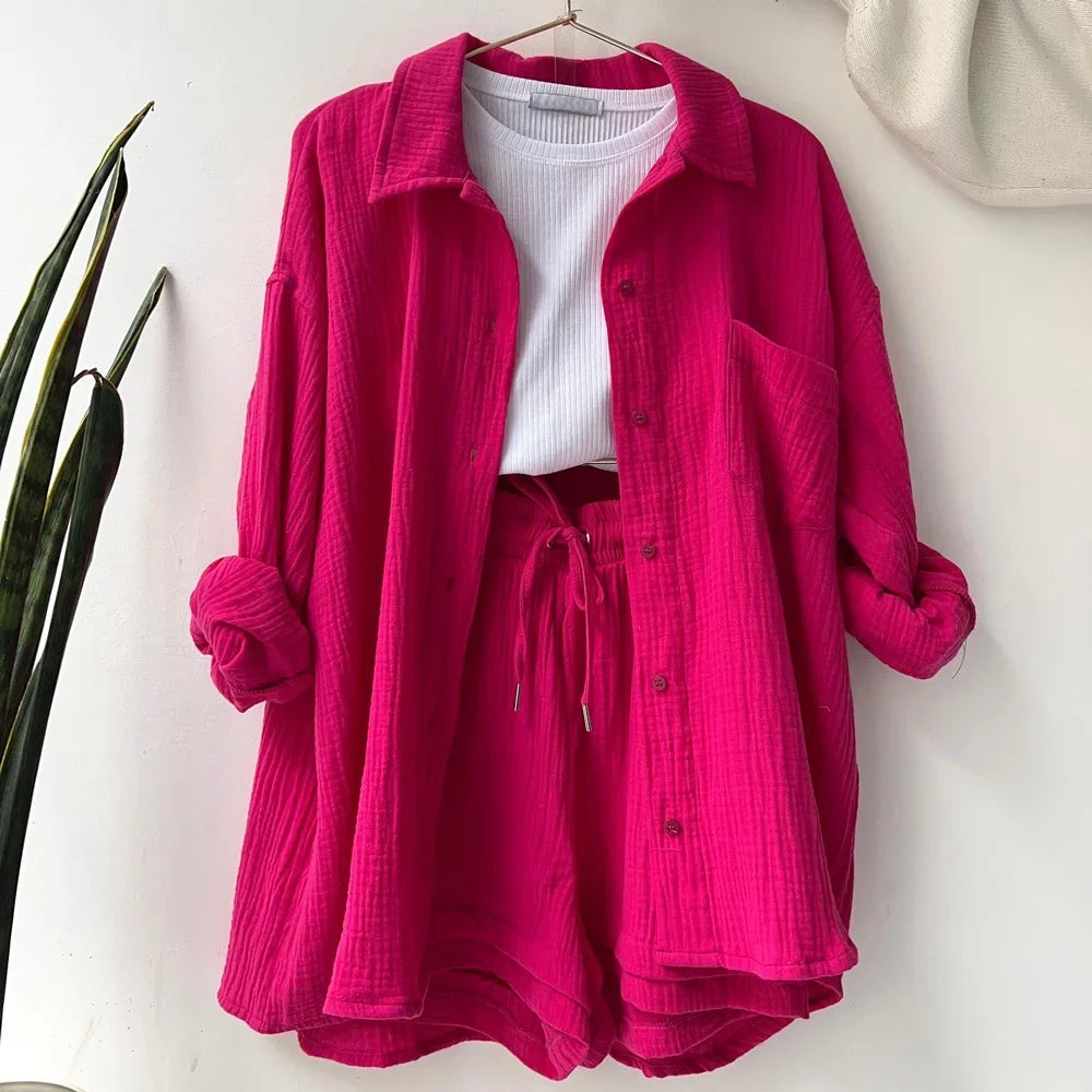 Long Sleeve Button Casual Pleated Two Piece Set – Fashion Solid Color