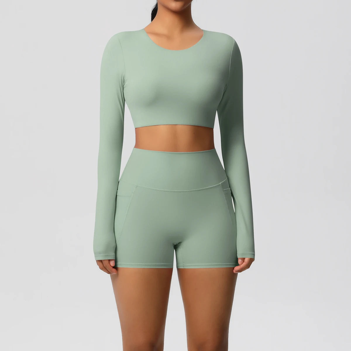 2-Piece Activewear Set — Long Sleeve Crop Top & High-Waist Yoga Shorts