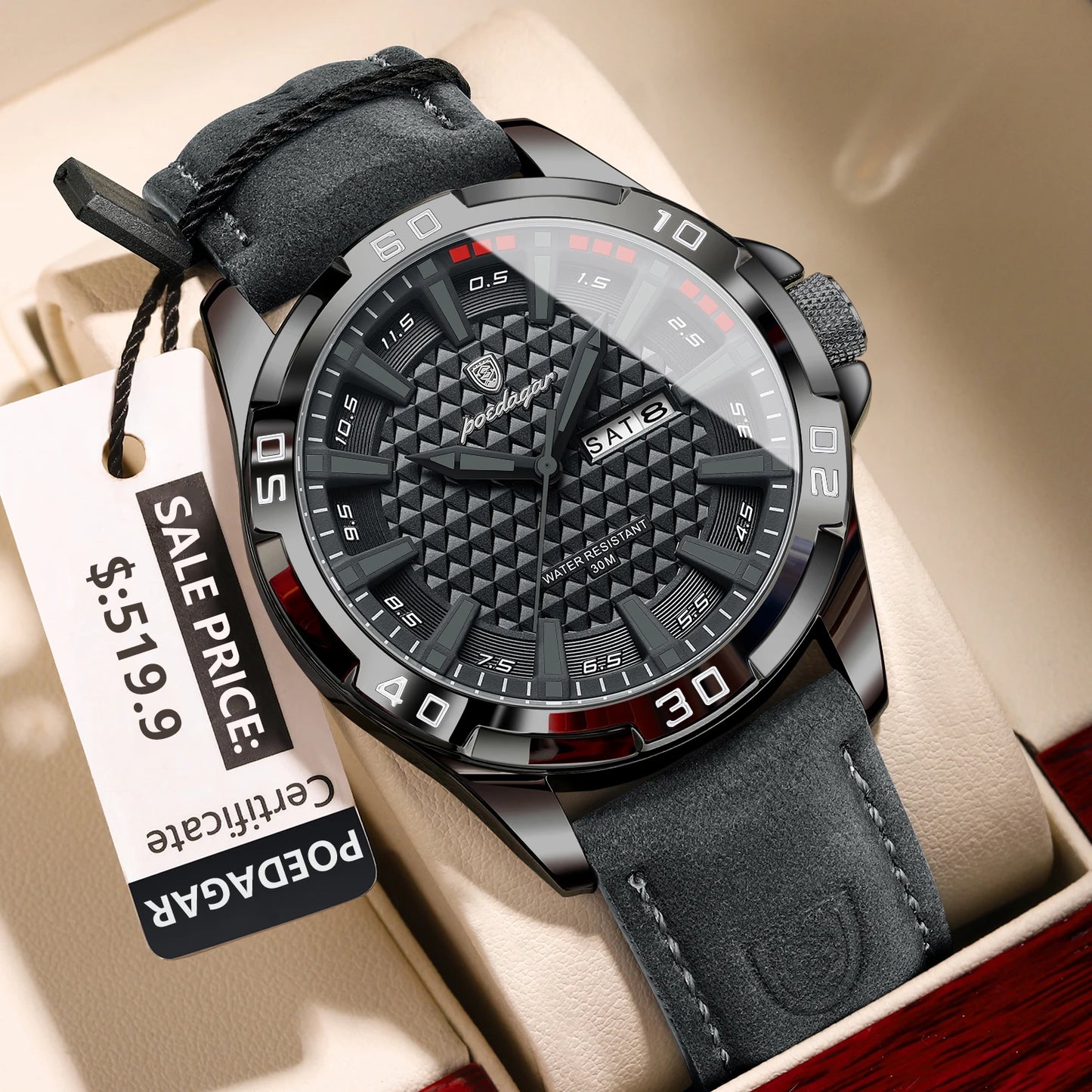 Luxury Quartz Watch – Waterproof, Luminous Dial, Date Display, Leather Strap