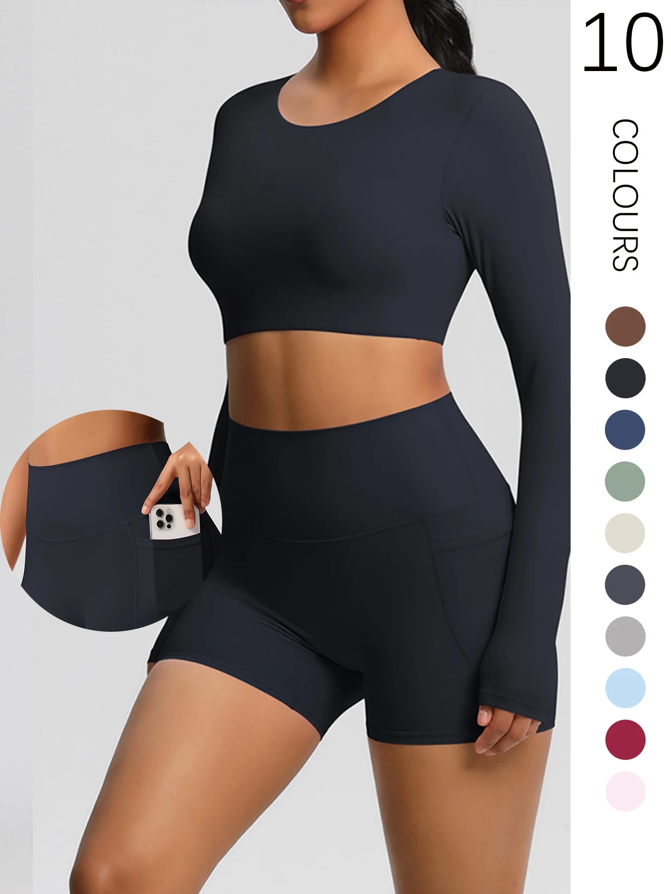 2-Piece Activewear Set — Long Sleeve Crop Top & High-Waist Yoga Shorts