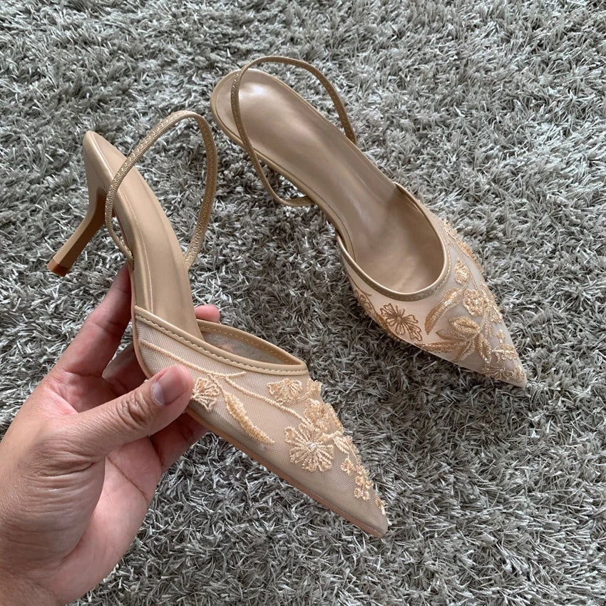 LaceGlow | Mesh Embroidered Heeled Mules – Beaded Pointed Toe Slingbacks