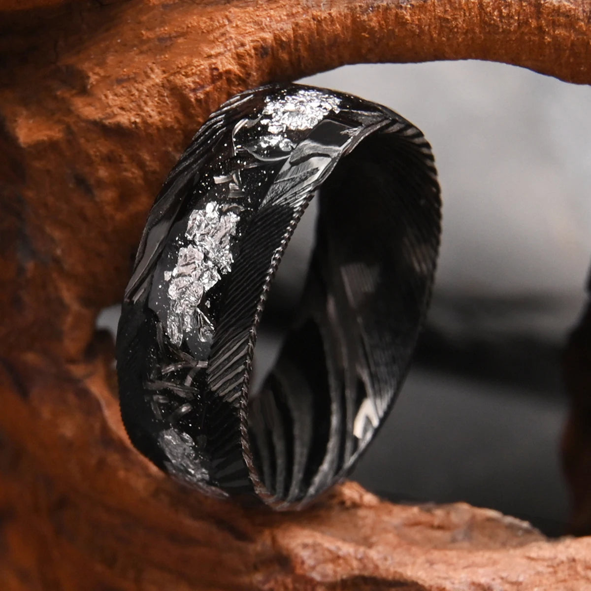 Damascus Steel Ring – 8mm Black Band with Silvery Foil Inlay, Wedding or Casual Wear