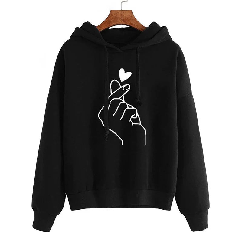 Solid Fleece Hoodie — Korean Finger Heart Print, Drawstring Pockets