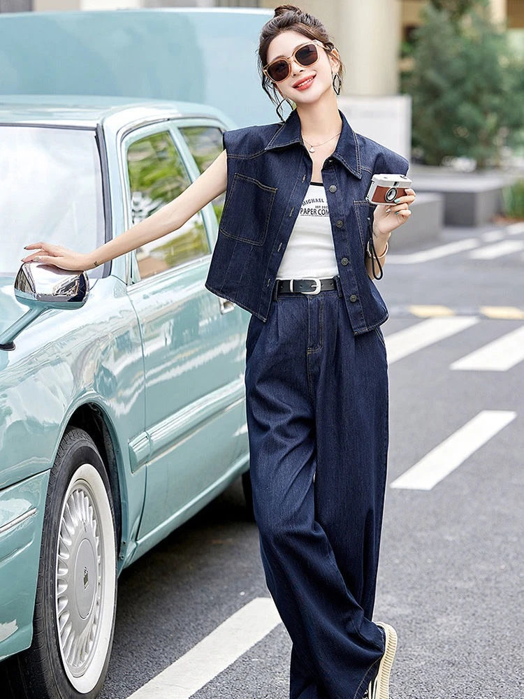 Denim Wide Leg Pant Set – Relaxed Fit