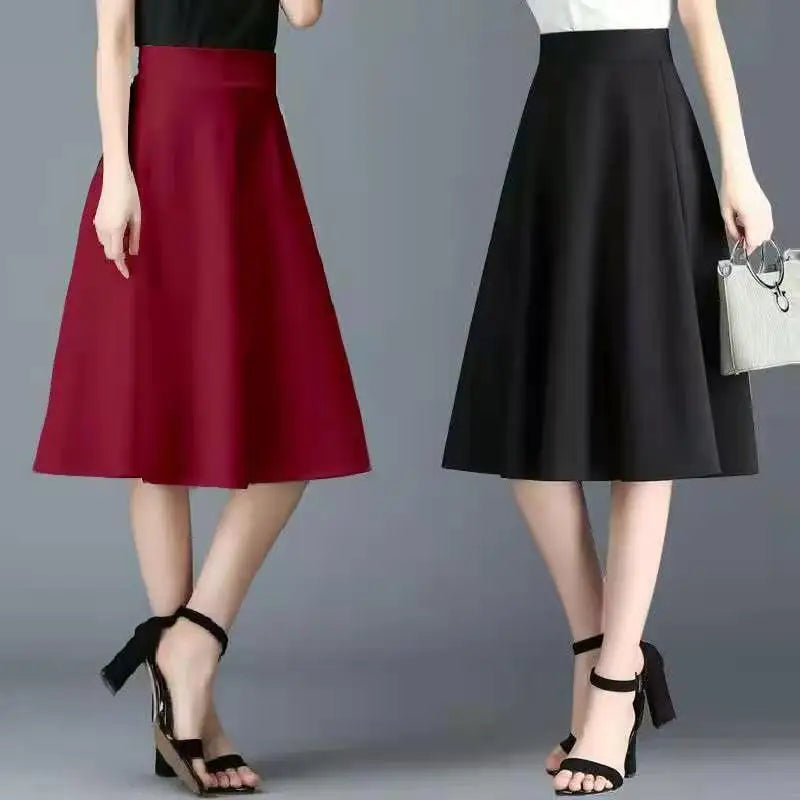 Solid Color Elastic A-Line Midi Skirt — Office Versatile