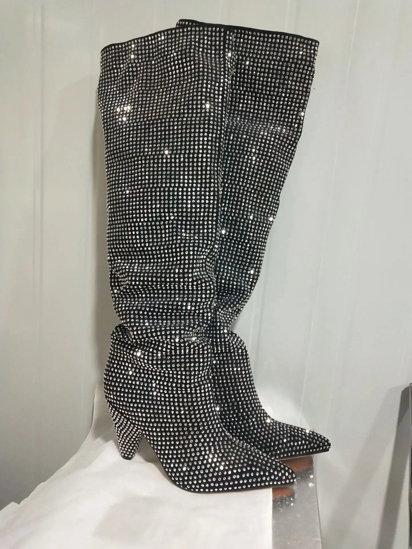 CrystalKnee | Large Size Pointed Rhinestone Knee High Boots