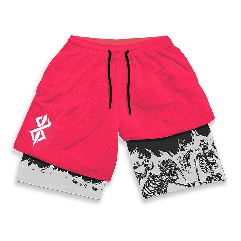 Berserk Skull Print 2-in-1 Running Shorts – Stretch, Quick Dry with Pockets