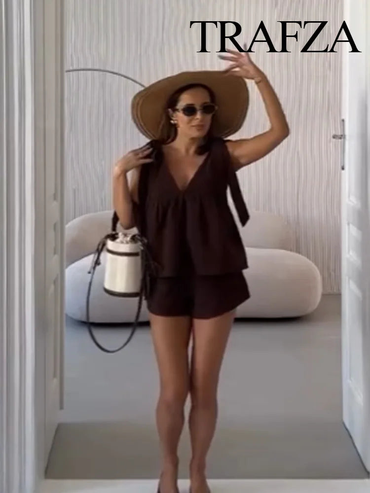 V-Neck Backless Sleeveless Top & Drawstring Slim Shorts Set – Chic Two Piece
