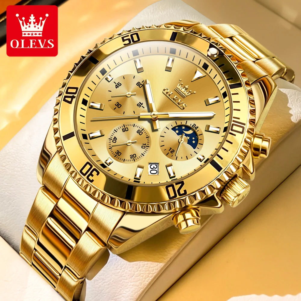 Golden Moon Phase Watch – Luxury Quartz, Waterproof, Elegant Chronograph