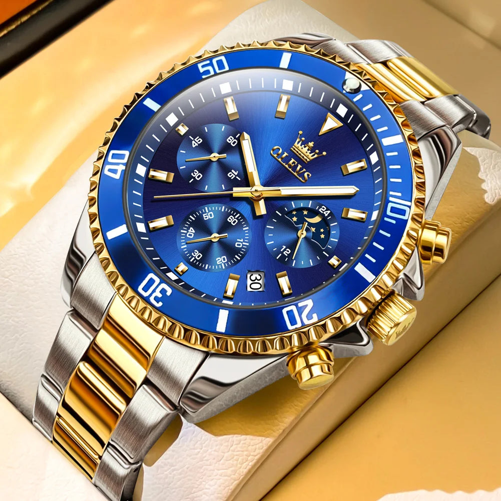 Golden Moon Phase Watch – Luxury Quartz, Waterproof, Elegant Chronograph