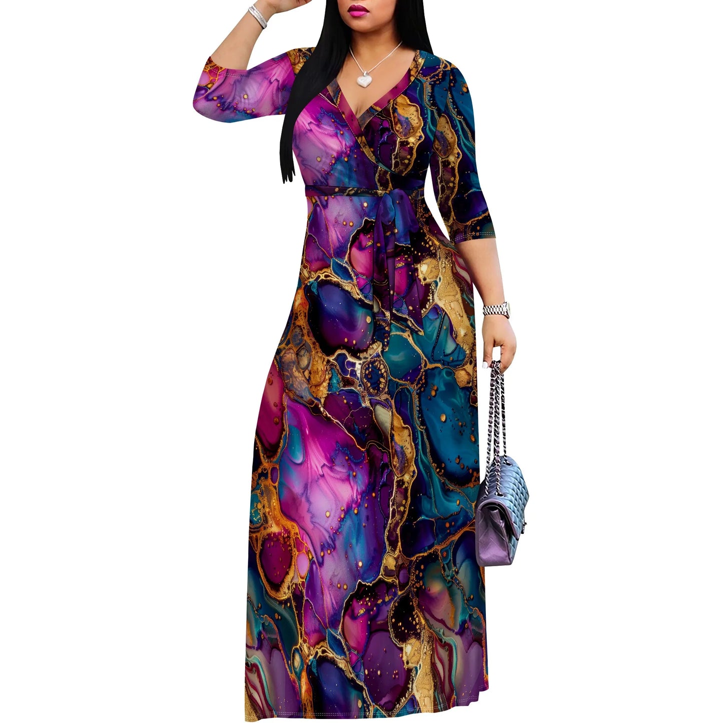 Deep Abstract Ink Print Maxi Dress — Vacation Party Long Dress S-XXL