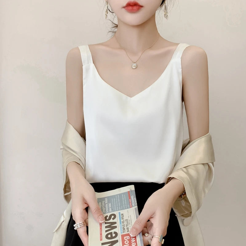Silk Satin V-Neck Camisole — Loose Thin Vest