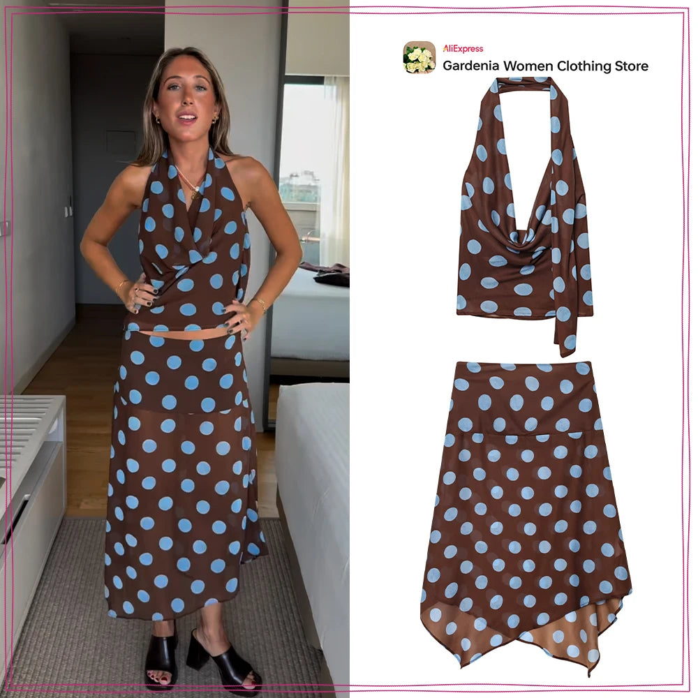 Polka Dot Halter Top & Asymmetric Skirt Set – Stylish Vacation Two Piece