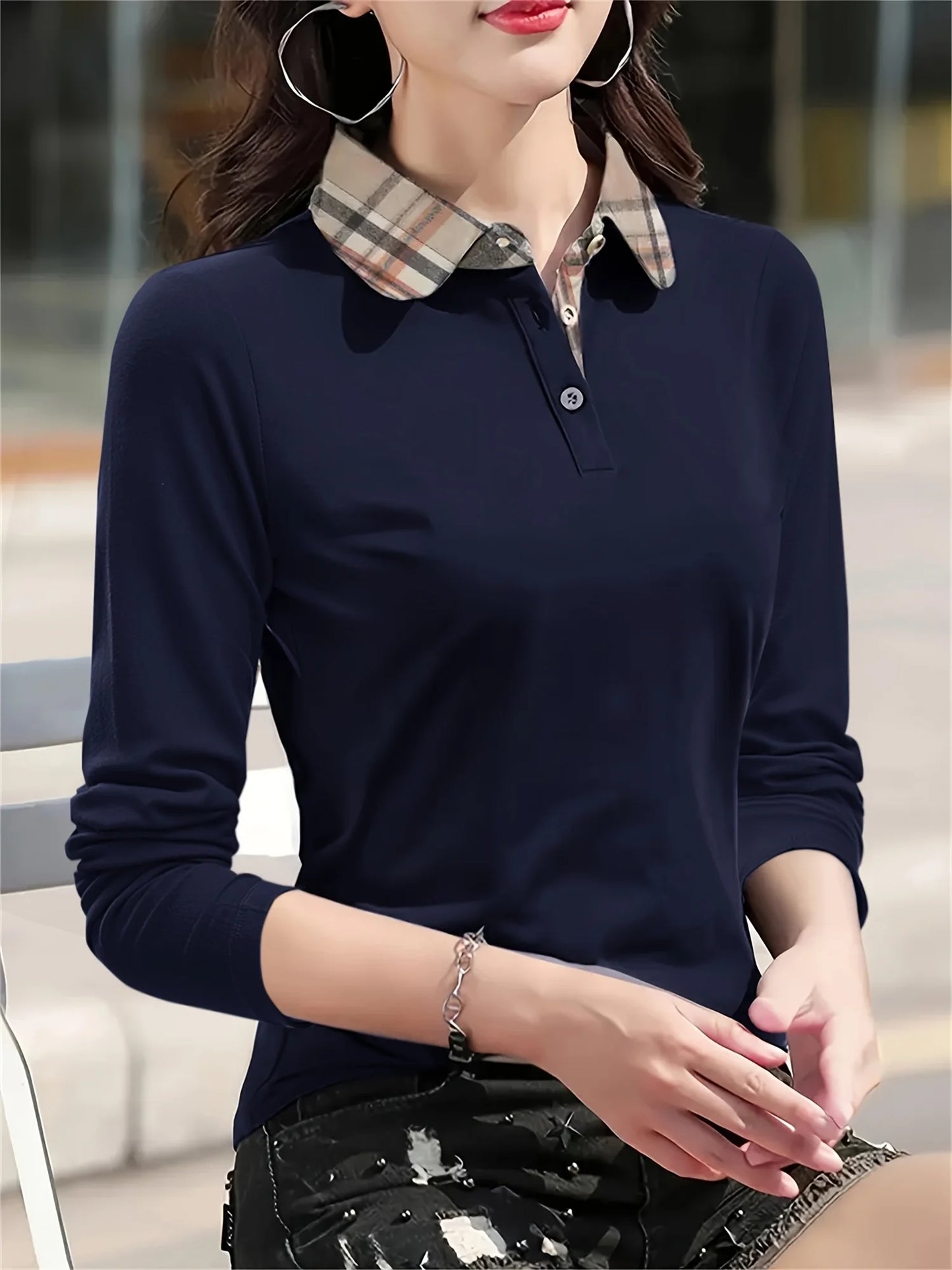 Plaid Collar Polo Shirt — Casual Knitted Long Sleeve Tee