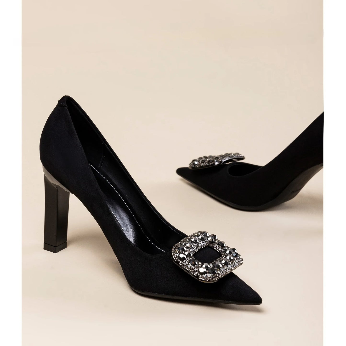 OnyxPro | Black Pointed Rhinestone Heels – Professional Thick Heel Pumps