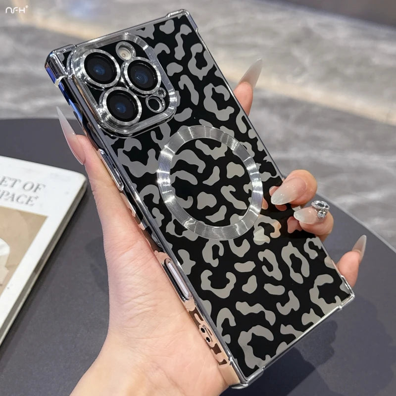 MagSafe Leopard Print Case – iPhone 13 to 16 Pro Max | Magnetic Frame + Luxury Finish