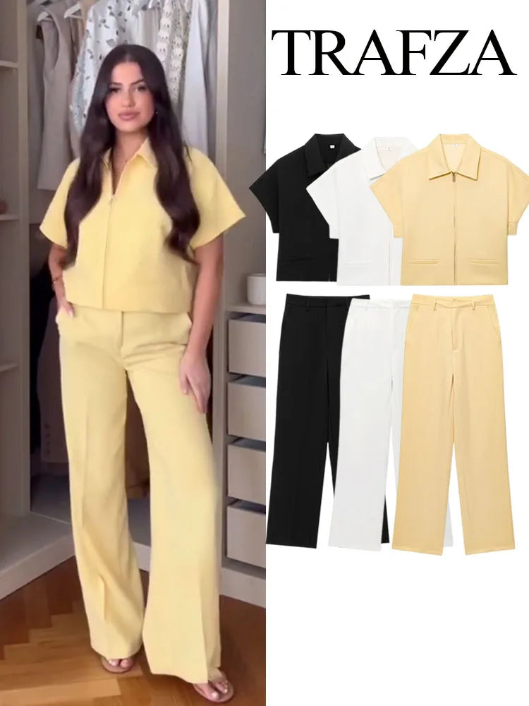 Lapel Short Coat & Wide-Leg Pants