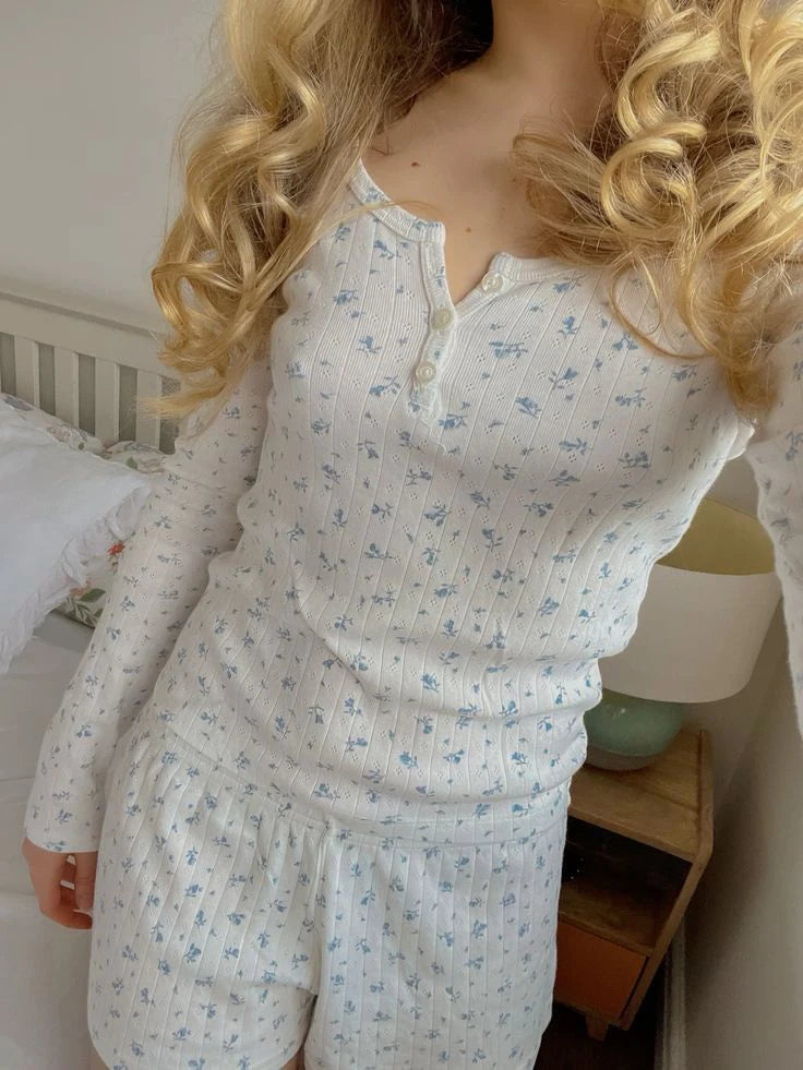 Eyelet Button Long Sleeve T-shirt & Shorts Set – Cotton Pajama