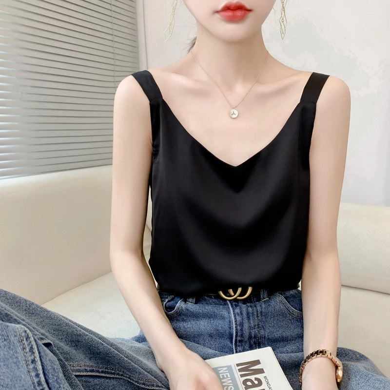 Silk Satin V-Neck Camisole — Loose Thin Vest