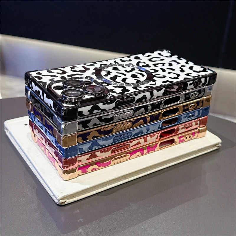 MagSafe Leopard Print Case – iPhone 13 to 16 Pro Max | Magnetic Frame + Luxury Finish