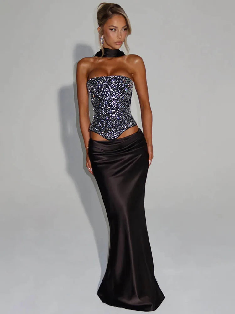 Sequin Scarf Crop Top & Satin Skirt