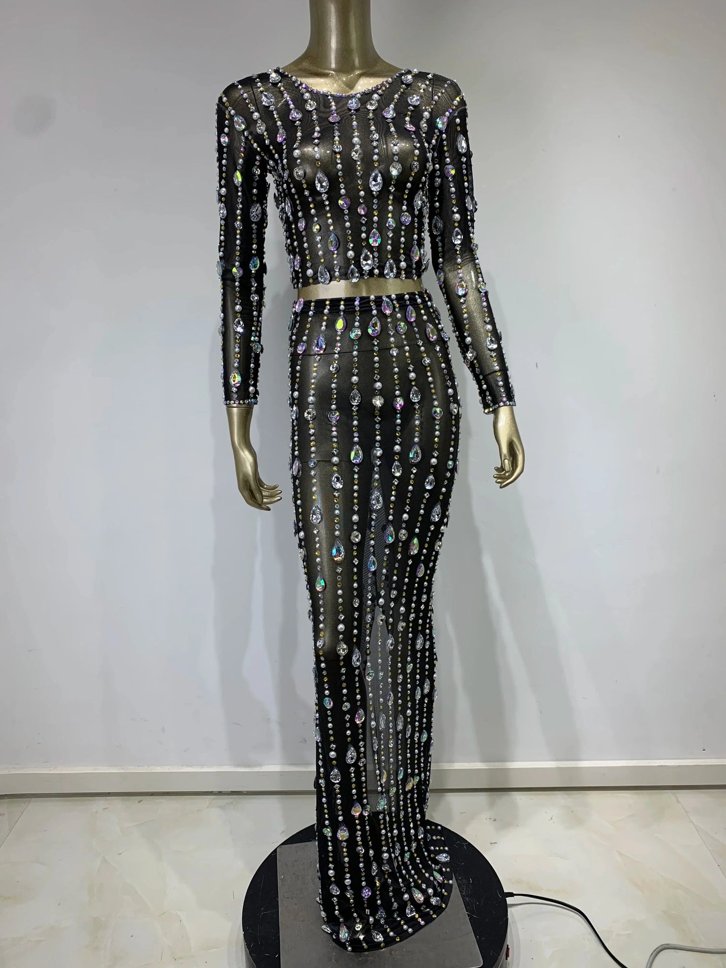 Rhinestone Mesh Top & Skirt Gala Set
