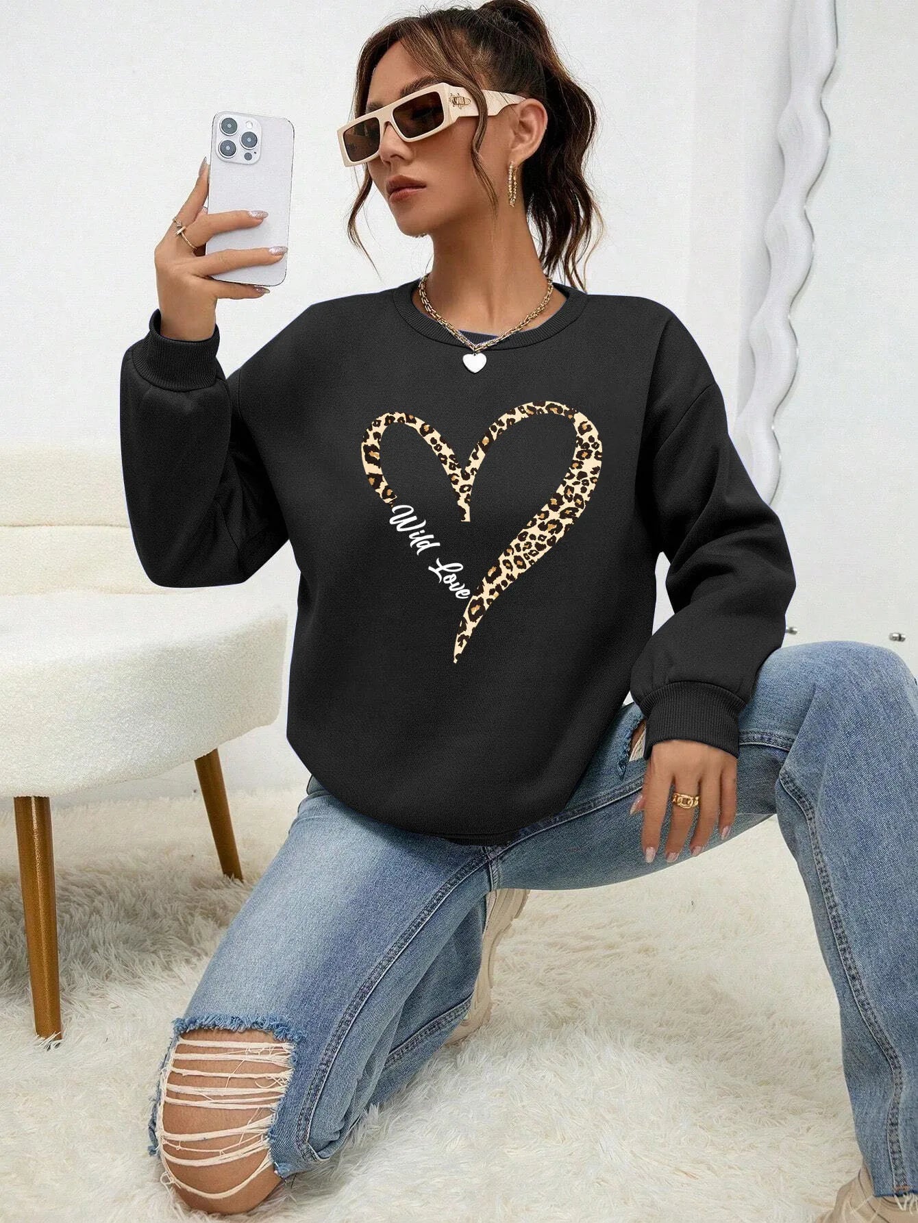 Leopard Heart Crewneck — Fur-Lined Sweatshirt, Urban Wild Print