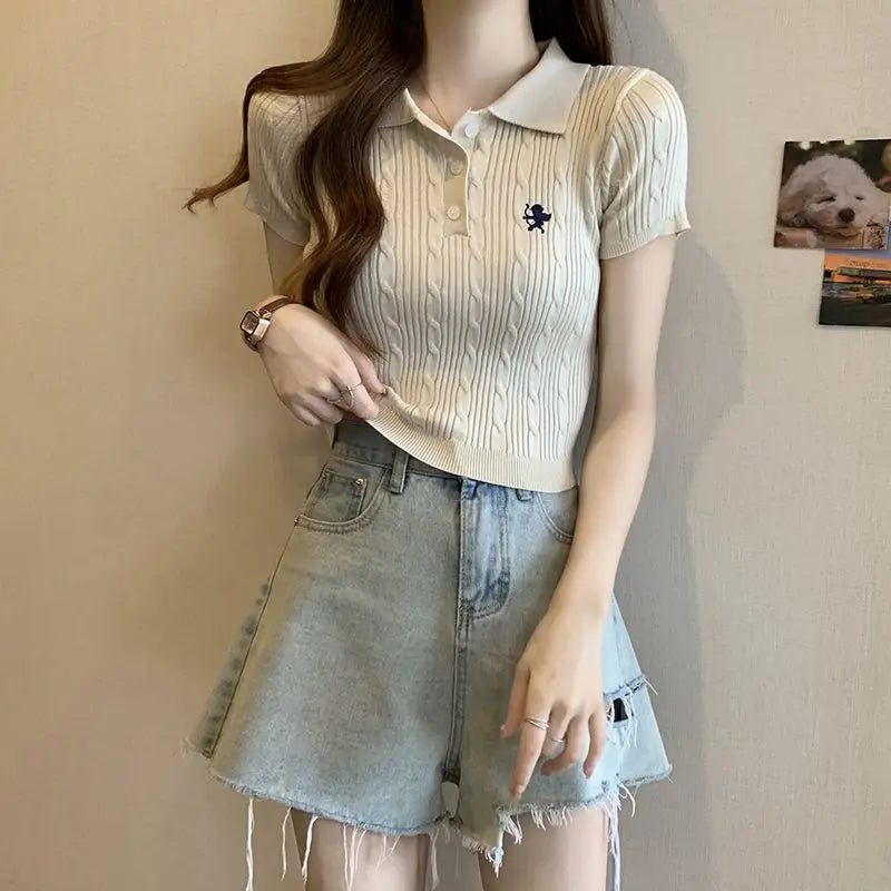 Embroidered Polo T-shirt — Retro Slim Fit Knit Top