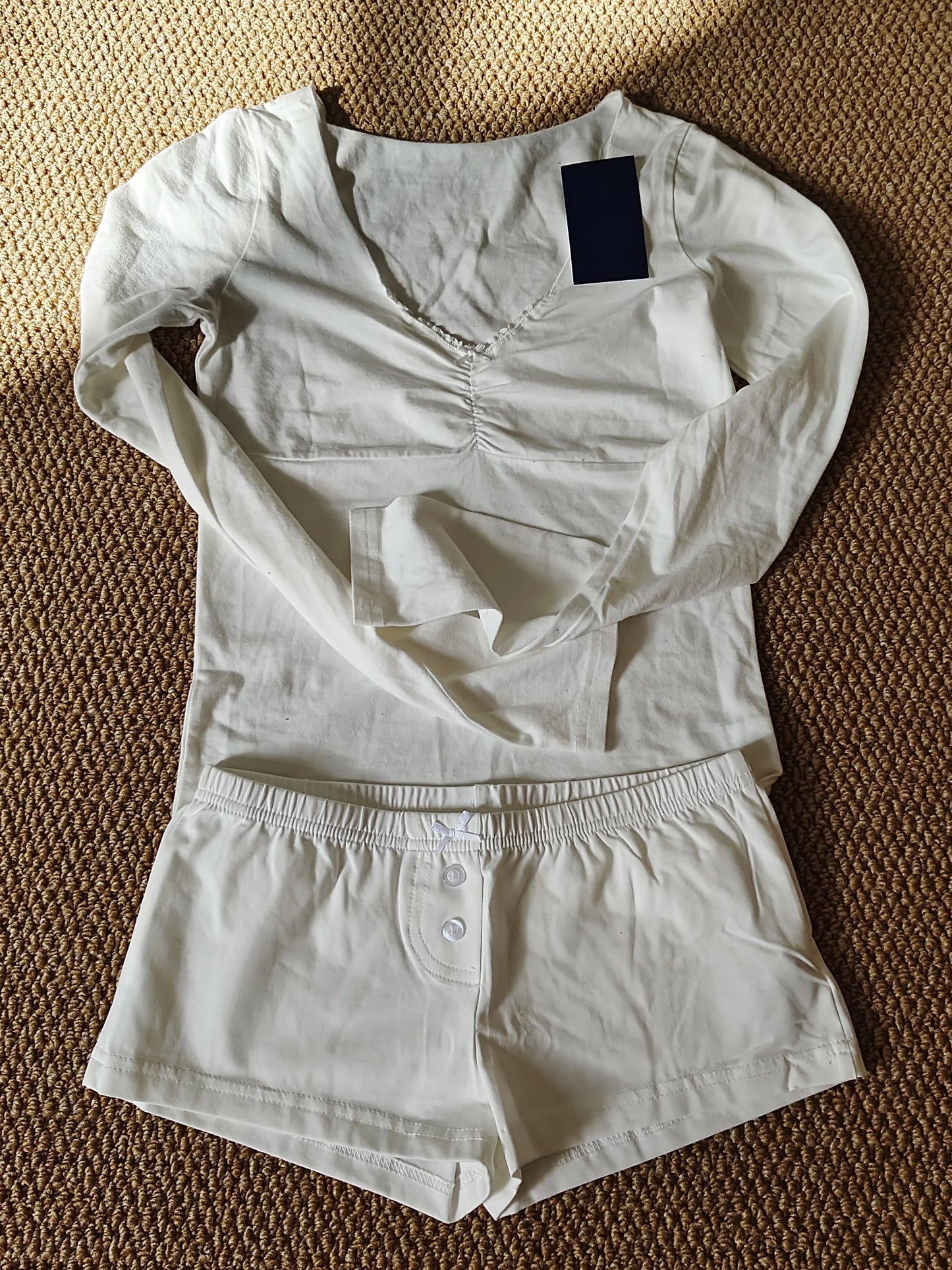 Eyelet Button Long Sleeve T-shirt & Shorts Set – Cotton Pajama