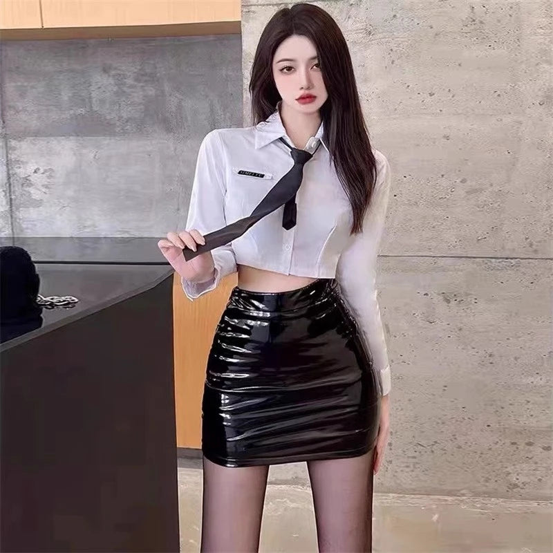 Shiny Black PU Leather Mini Skirt — Bodycon Stretch