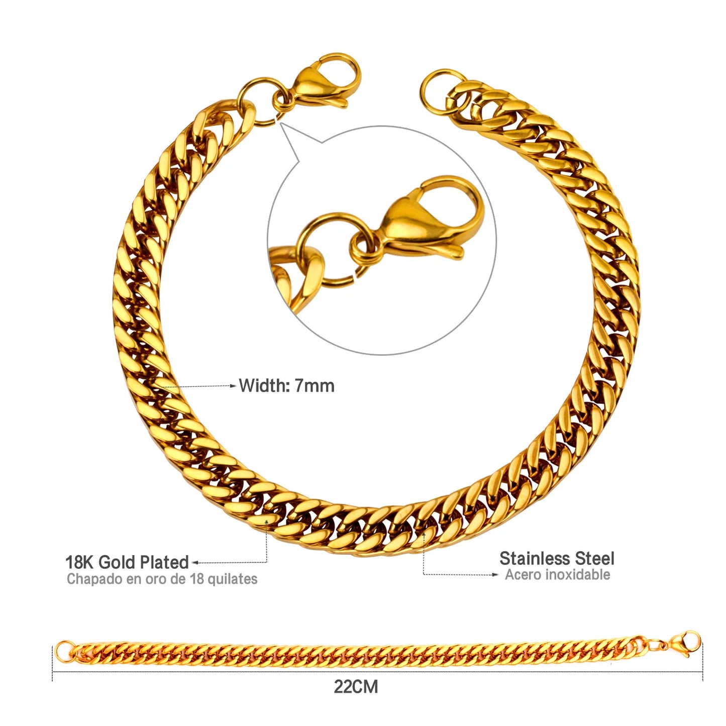 Cuban Chain Bracelet – Stainless Steel, Gold-Tone, Punk Style Jewelry for Men & Women