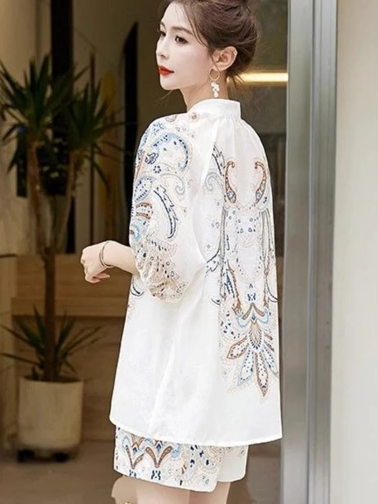 Ice Silk Printed Shorts & Jacket Set – Vacation Two Piece Summer Outfit